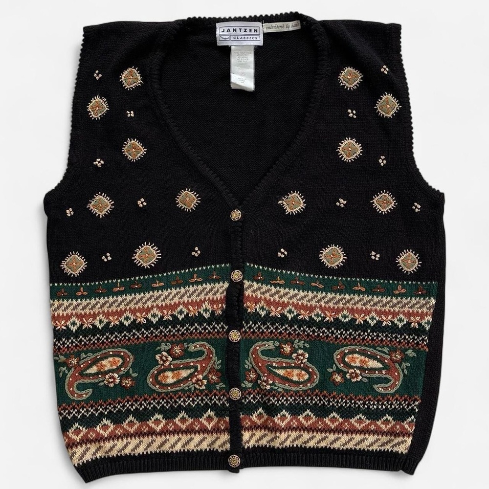 Vintage Jantzen Classics Black Knit Embroidered Paisley Design Earthy Green Vest